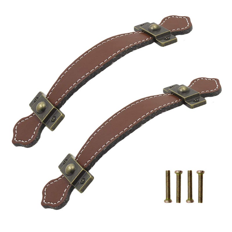 Seimneire 6pcs Surface Leather Furniture Handle, 6.3" Retro Style Leather Pull Handle for Drawer/Cabinet/PU Suitcase - Brown - Image 3
